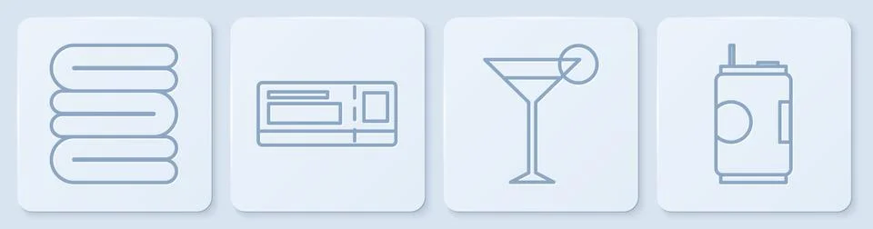Set line Towel stack, Martini glass, Travel ticket and Soda can. White square Stock Illustration