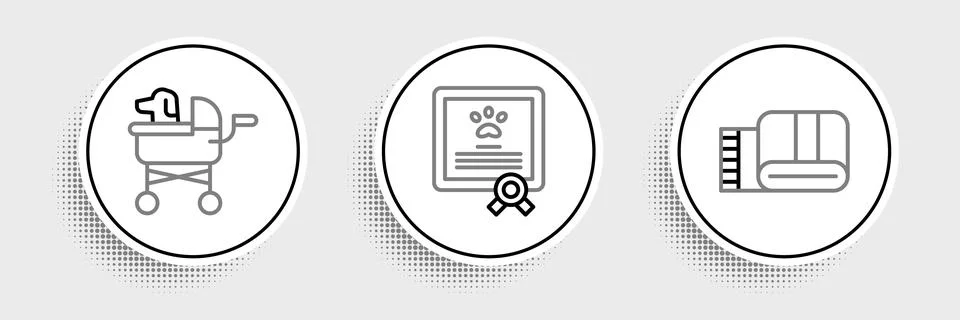 Set line Towel stack, Pet stroller and Certificate for dog or cat icon. Vecto Stock Illustration