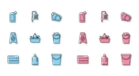Set line Towel stack, Plastic bottles for liquid dishwashing liquid, Bucket Stock Illustration