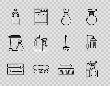 Set line Towel stack, Plastic bottles for liquid dishwashing liquid, Garbag.. Stockillustratie