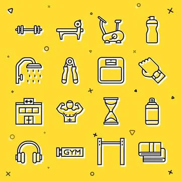 Set line Towel stack, Punching bag, Smart watch on hand, Stationary bicycle Stock Illustration