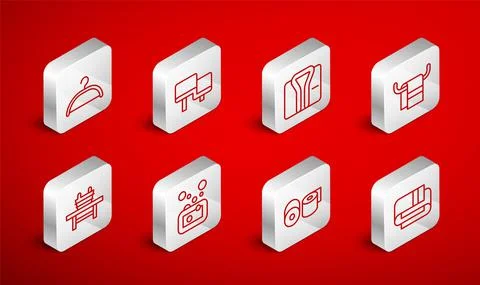 Set line Towel stack, Sauna wood bench, Bathrobe, on hanger, Toilet paper roll Stock Illustration