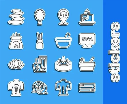 Set line Towel stack, Sauna bucket and ladle, Spa salon, Massage, Aroma diffuser Stock Illustration