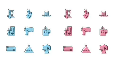 Set line Towel stack, Sauna hat, thermometer, Massage, Hair dryer, Cup of t.. 库存插图