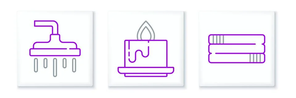 Set line Towel stack, Shower head and Aroma candle icon. Vector Stock Illustration