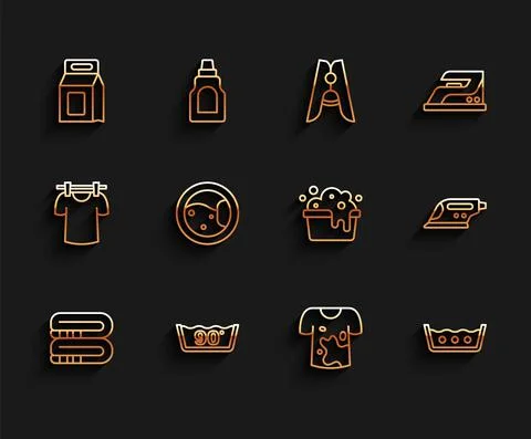 Set line Towel stack, Temperature wash, Laundry detergent, Dirty t-shirt, Washer Stock Illustration