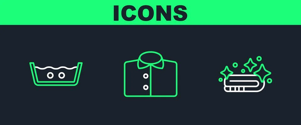 Set line Towel stack, Temperature wash and T-shirt icon. Vector Stock Illustration