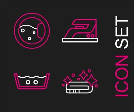 Set line Towel stack, Temperature wash, Electric iron and Washer icon. Vector イラスト素材
