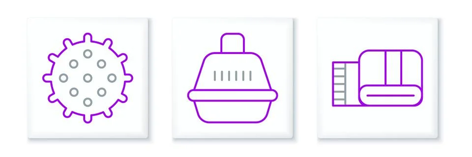Set line Towel stack, Tennis ball and Pet carry case icon. Vector Stockillustratie