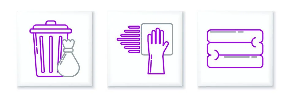 Set line Towel stack, Trash can and garbage bag and Cleaning service icon. Ve 스톡 일러스트