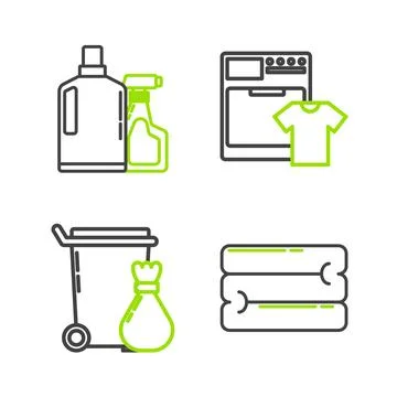 Set line Towel stack, Trash can, Washer and t-shirt and Plastic bottles for.. Stock Illustration
