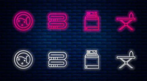 Set line Towel stack, Washer, and Iron and ironing board. Glowing neon icon on イラスト素材