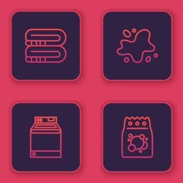 Set line Towel stack, Washer, Water spill and Laundry detergent. Blue square Stock Illustration