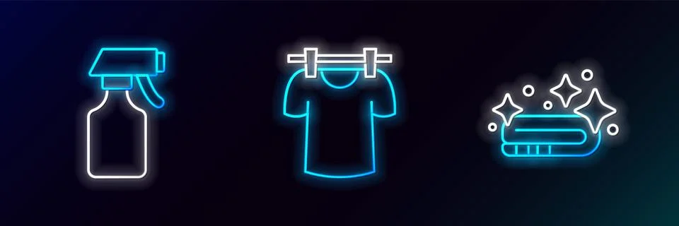 Set line Towel stack, Water spray bottle and Drying clothes icon. Glowing n.. Stockillustratie