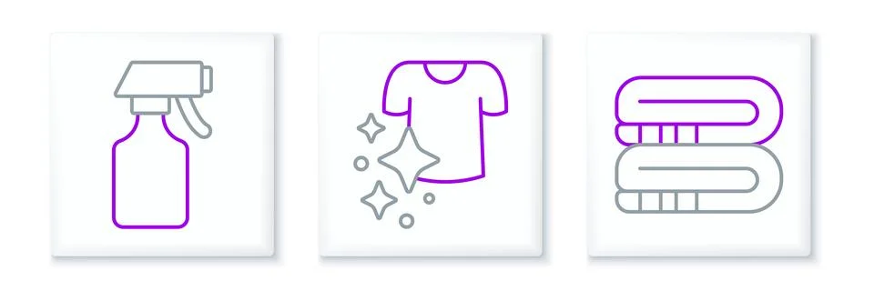 Set line Towel stack, Water spray bottle and Drying clothes icon. Vector Stock Illustration