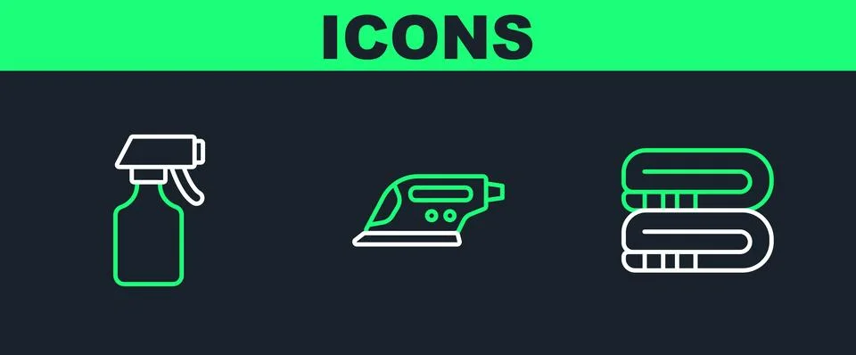 Set line Towel stack, Water spray bottle and Electric iron icon. Vector Stock Illustration