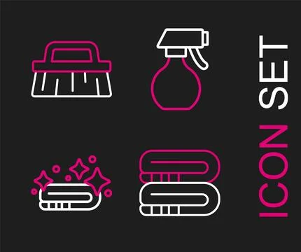 Set line Towel stack, Water spray bottle and Brush for cleaning icon. Vector Stock Illustration