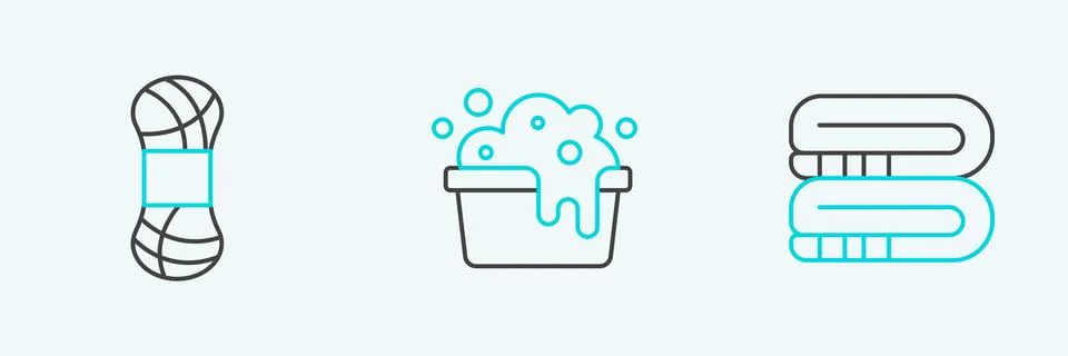 Set line Towel stack, Yarn and Basin with soap suds icon. Vector イラスト素材