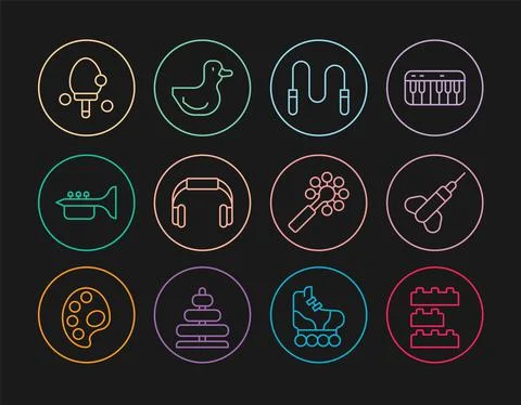 Set line Toy building block bricks, Dart arrow, Jump rope, Headphones, Trumpet Ilustración de archivo