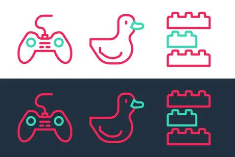 Set line Toy building block bricks, Gamepad and Rubber duck icon. Vector Ilustración de archivo