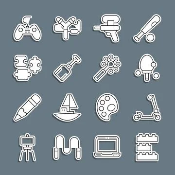 Set line Toy building block bricks, Roller scooter, Racket, Water gun, Shov.. Illustrazione stock
