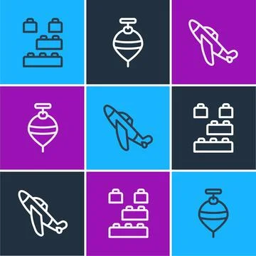 Set line Toy building block bricks, plane and Whirligig toy icon. Vector Ilustración de archivo