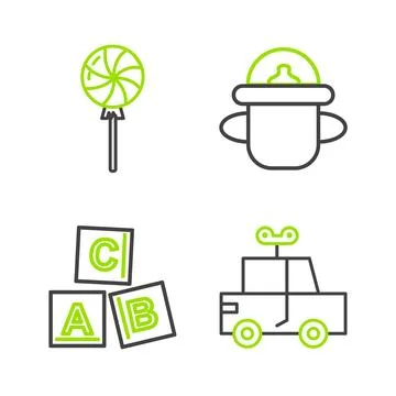 Set line Toy car, ABC blocks, Baby bottle and Lollipop icon. Vector Stock Illustration