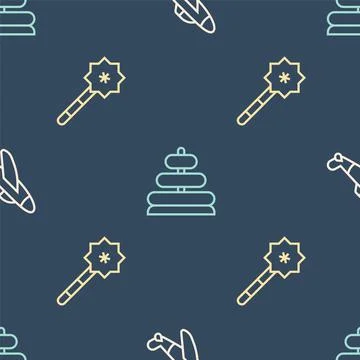 Set line Toy plane, Magic wand and Pyramid toy on seamless pattern. Vector Stock Illustration