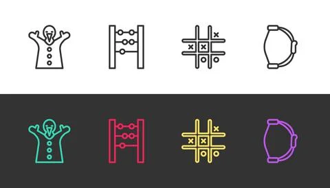 Set line Toy puppet doll on hand, Abacus, Tic tac toe game and Bow toy on black Stock Illustration