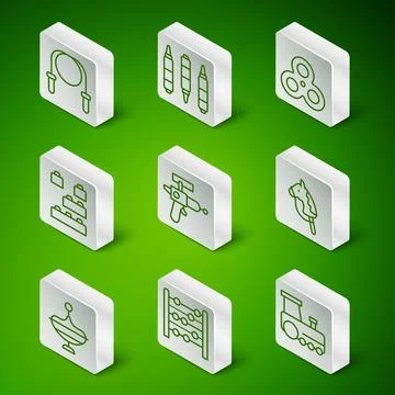 Set line Toy train, Abacus, Jump rope, Ray gun, building block bricks, Mark.. Ilustración de archivo