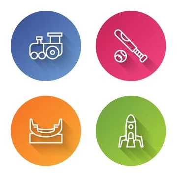 Set line Toy train, Baseball bat with ball, Boat swing and Rocket ship. Color Illustrazione stock