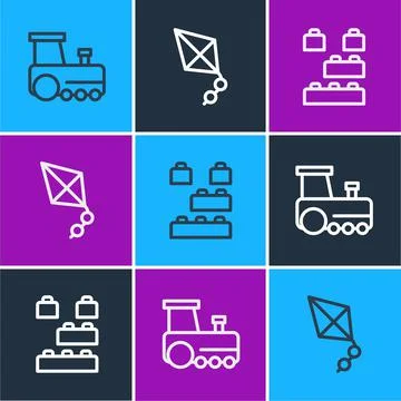 Set line Toy train, building block bricks and Kite icon. Vector Ilustración de archivo