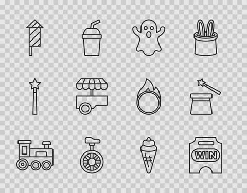 Set line Toy train, Circus ticket, Ghost, Unicycle or one wheel bicycle Stock Illustration