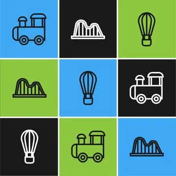 Set line Toy train, Hot air balloon and Roller coaster icon. Vector 스톡 일러스트