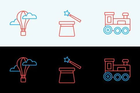 Set line Toy train, Hot air balloon and Magic hat and wand icon. Vector 스톡 일러스트