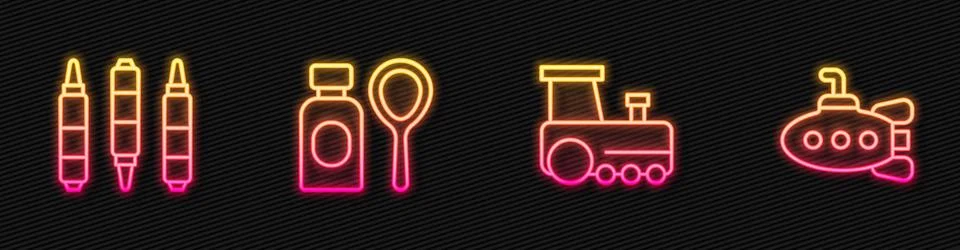 Set line Toy train, Marker pen, Soap bubbles bottle and Submarine toy. Glow.. Stock Illustration