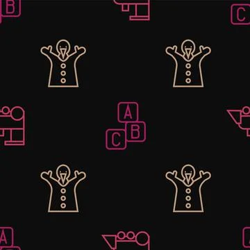 Set line Toy train, puppet doll on hand and ABC blocks on seamless pattern Stock Illustration