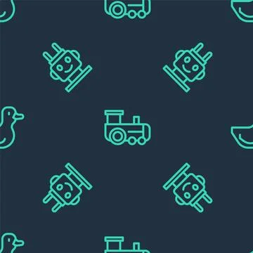 Set line Toy train, Robot toy and Rubber duck on seamless pattern. Vector Illustrazione stock