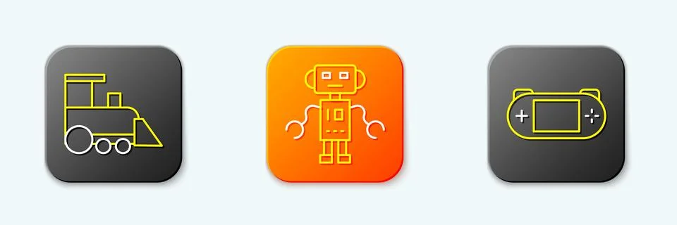 Set line Toy train, Robot toy and Portable video game console icon. Vector Stock Illustration