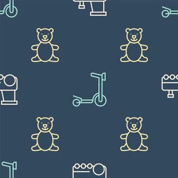 Set line Toy train, Teddy bear plush toy and Roller scooter on seamless pattern Stock Illustration