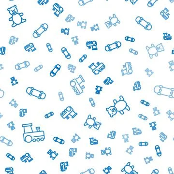 Set line Toy train, Teddy bear plush toy and Skateboard on seamless pattern Stock Illustration