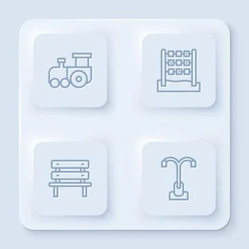Set line Toy train, Tic tac toe game, Bench and Street light. White square Stock-Illustration