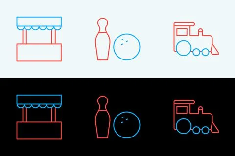Set line Toy train, Ticket box office and Bowling pin and ball icon. Vector Illustrazione stock