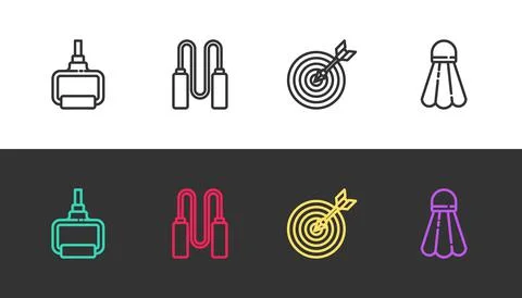 Set line TPX loop training equipment, Jump rope, Target with arrow and Badminton Stock Illustration