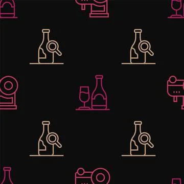 Set line Tractor, Bottle of wine and Wine bottle with glass on seamless pattern Stock Illustration