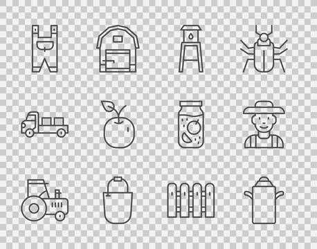 Set line Tractor Can container for milk Water tower Bucket Garden worker clot Stock Illustration