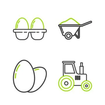 Set line Tractor, Chicken egg, Wheelbarrow with dirt and in box icon. Vector Stock Illustration