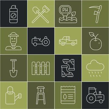 Set line Tractor, Cloud with rain, Apple, Soil ph testing, Scarecrow, Garde.. Stock Illustration