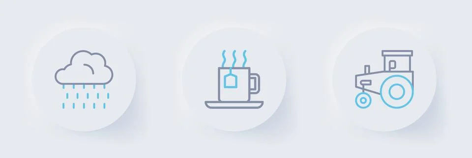 Set line Tractor, Cup of tea with tea bag and Cloud rain icon. Vector Stockillustratie