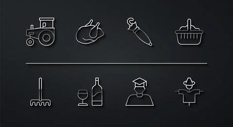 Set line Tractor, Garden rake, Basket, Graduate and graduation cap, Wine bott Stockillustratie